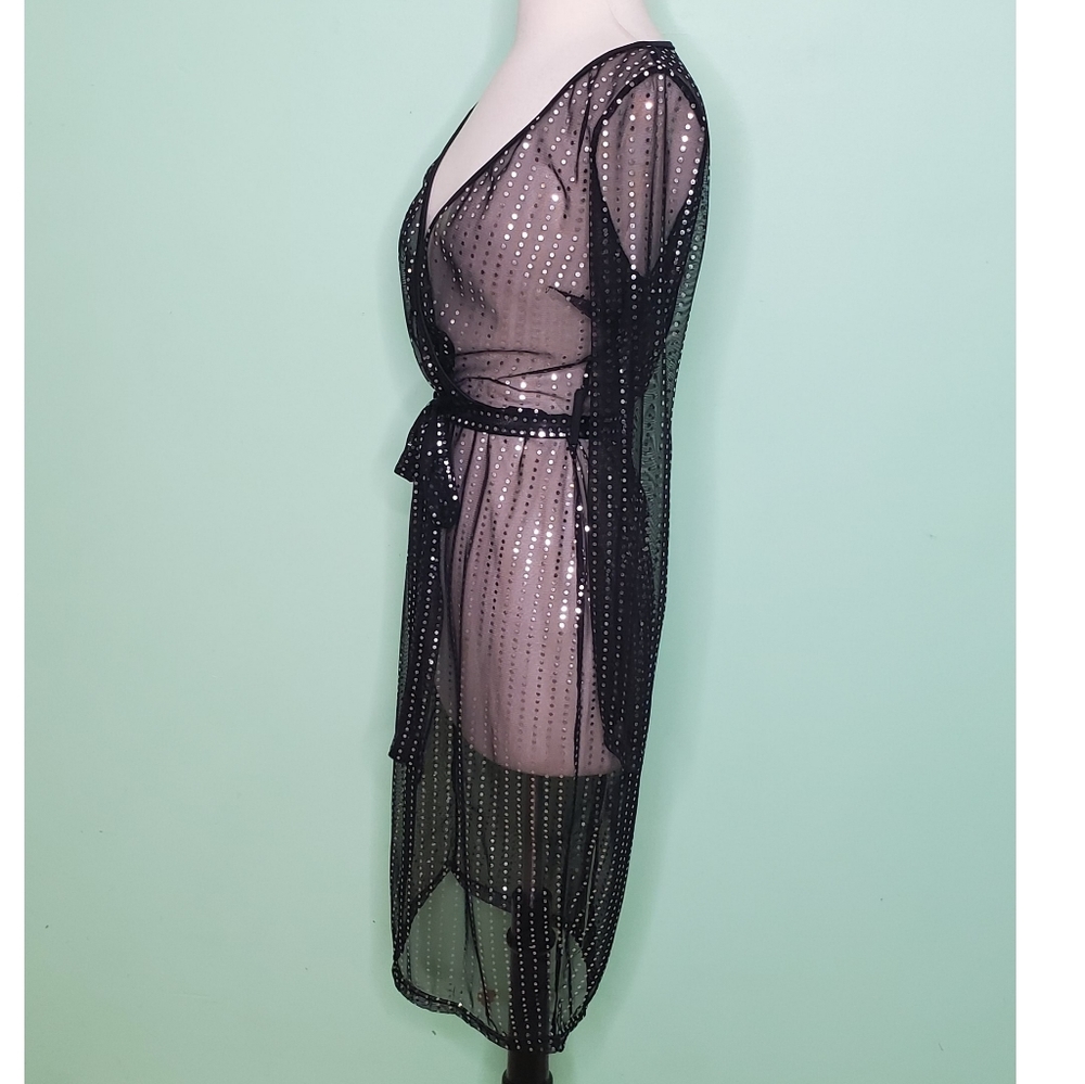 Sheer Black and Silver Metallic Faux Wrap Dress - Picture 6 of 10